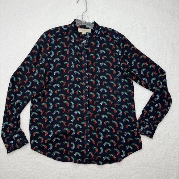 Loft Peacock Print Ruffle Neck Blouse Button Up Long Sleeve Navy Blue Size M - Picture 7 of 12